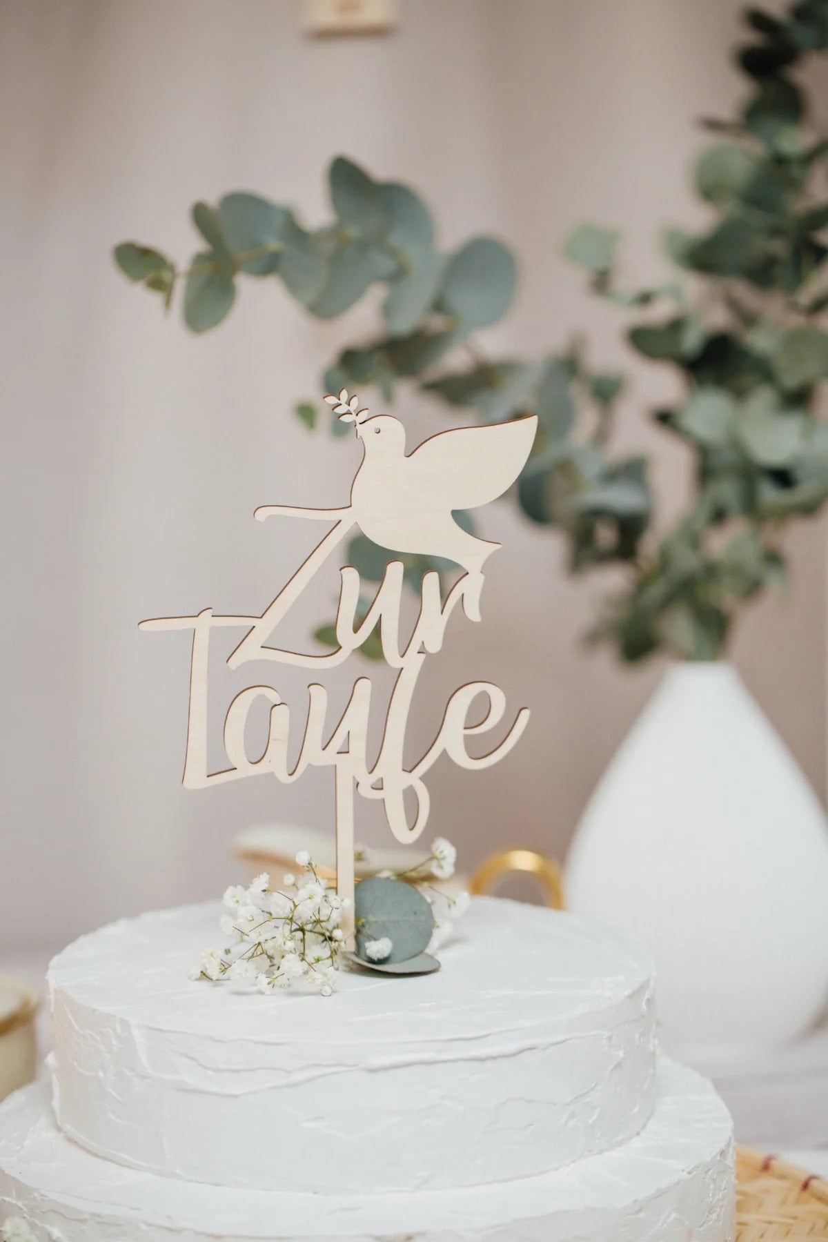 Caketopper „Zur Taufe“ mit Taube aus Holz
