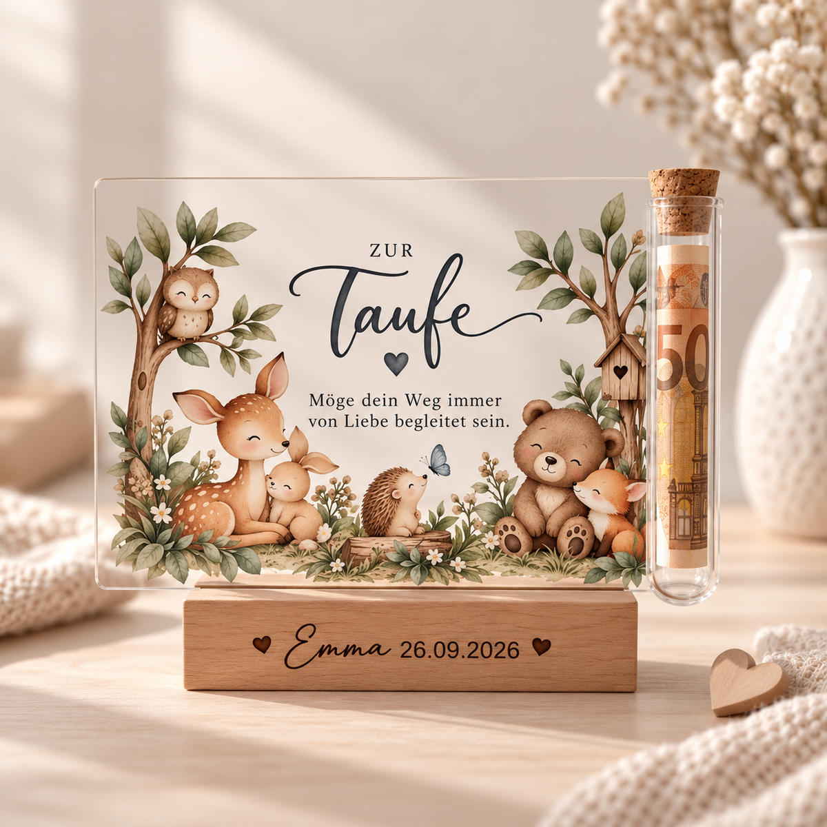 Geldgeschenk zur Taufe: Acryl-Aufsteller mit Waldtieren und dem Spruch „Möge dein Weg immer von Liebe begleitet sein“