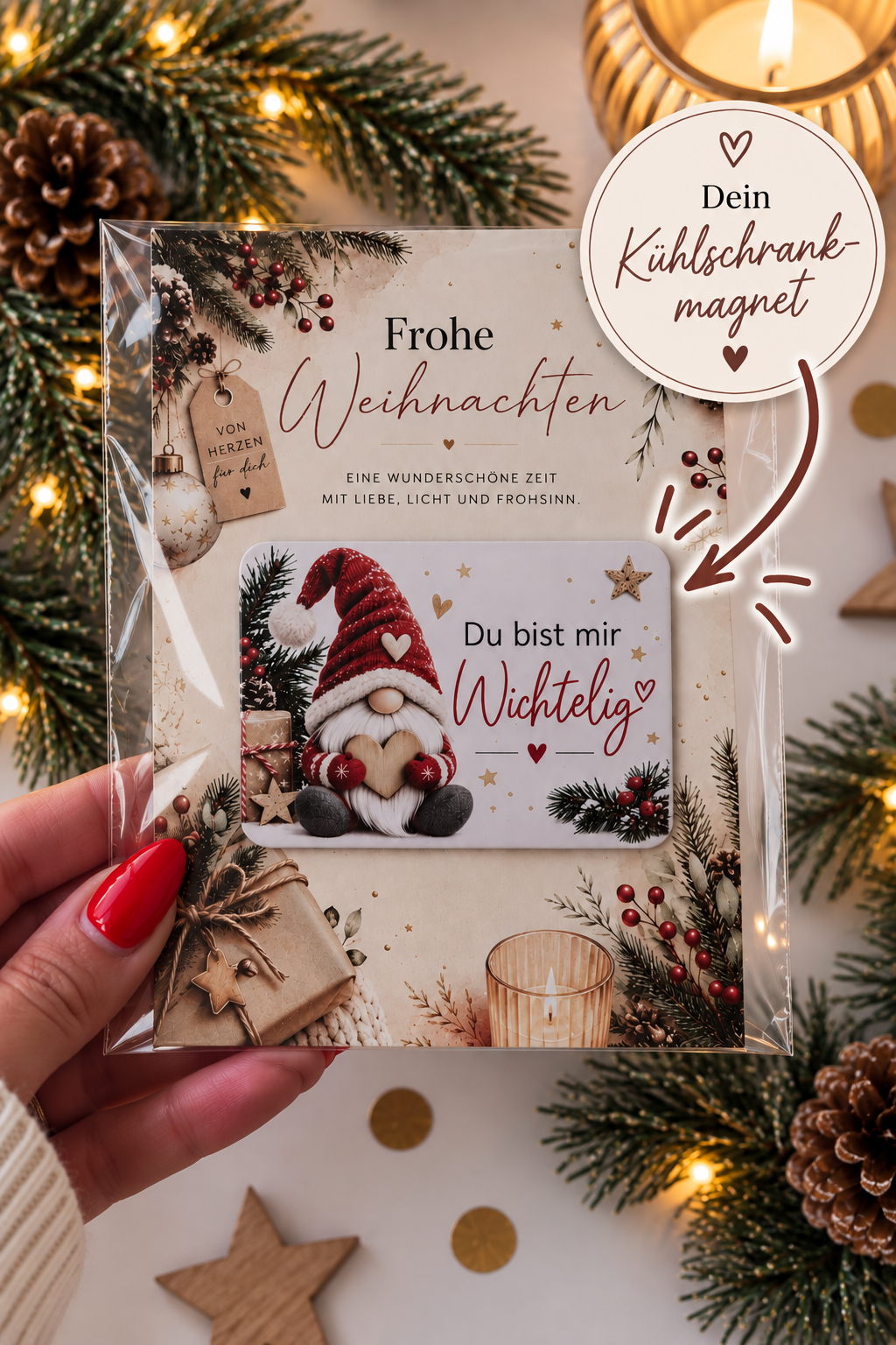 Weihnachtskarte mit abnehmbarem Wichtel-Magnet und dem Spruch „Du bist mir wichtelig“