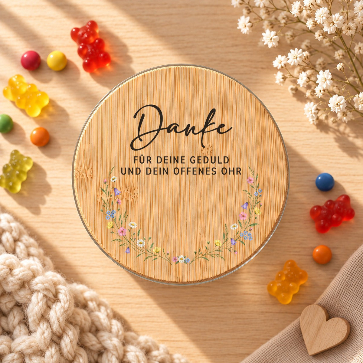 Vorratsglas „Danke für deine Geduld und dein offenes Ohr“ mit Blumenzweigen: Bambusdeckel von oben, daneben Gummibärchen
