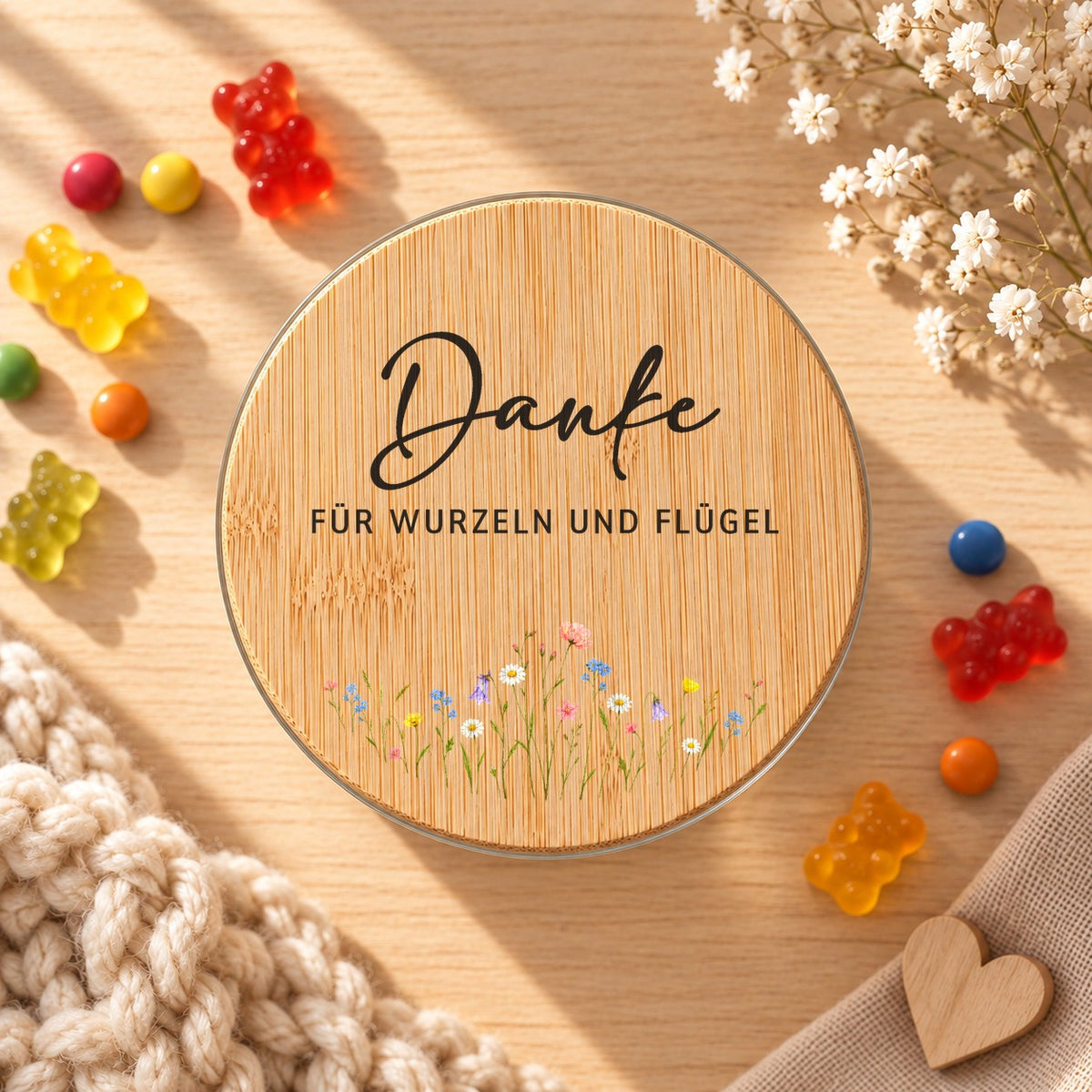 Vorratsglas „Danke für Wurzeln und Flügel“ mit Wiesenblumen für die Erzieherin: Bambusdeckel von oben, daneben Gummibärchen