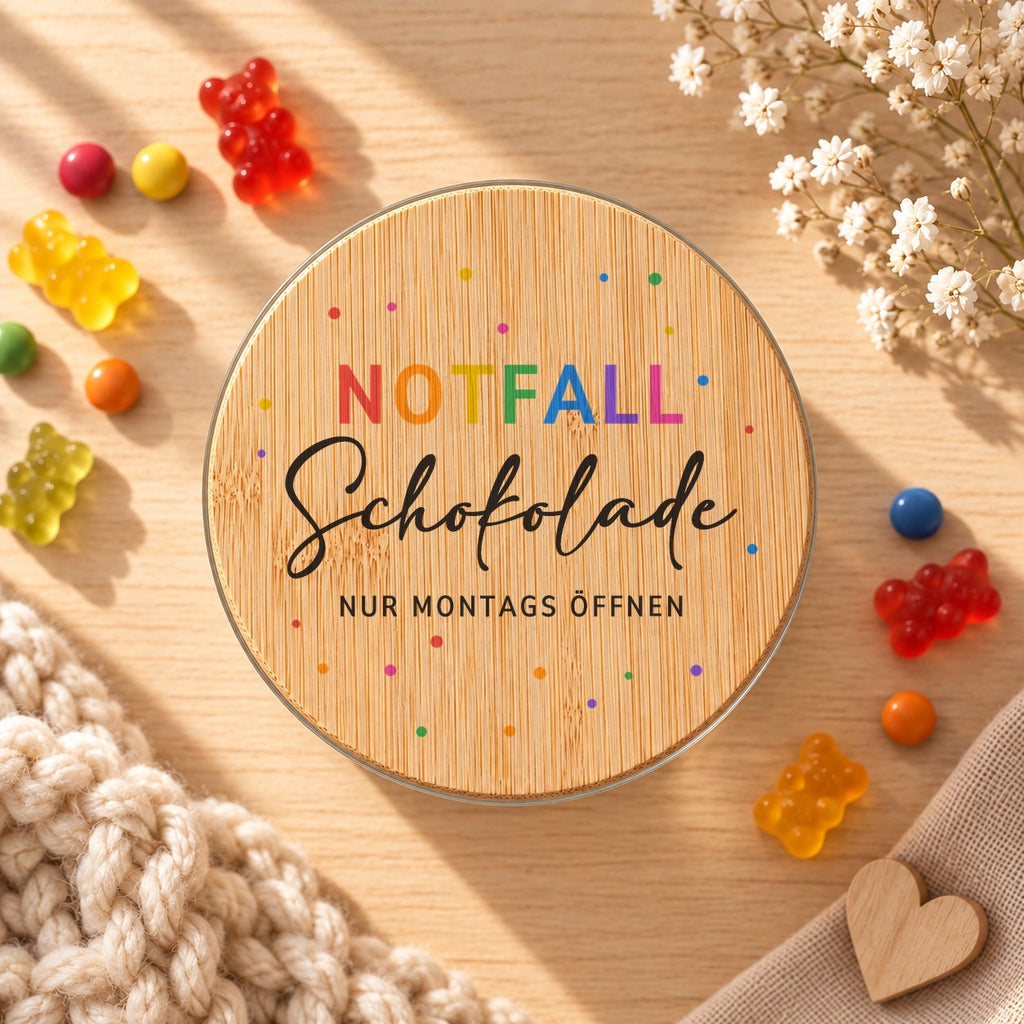 Vorratsglas „Notfall Schokolade – nur montags öffnen“ als Geschenk für die Kollegin: Bambusdeckel von oben, daneben Gummibärchen