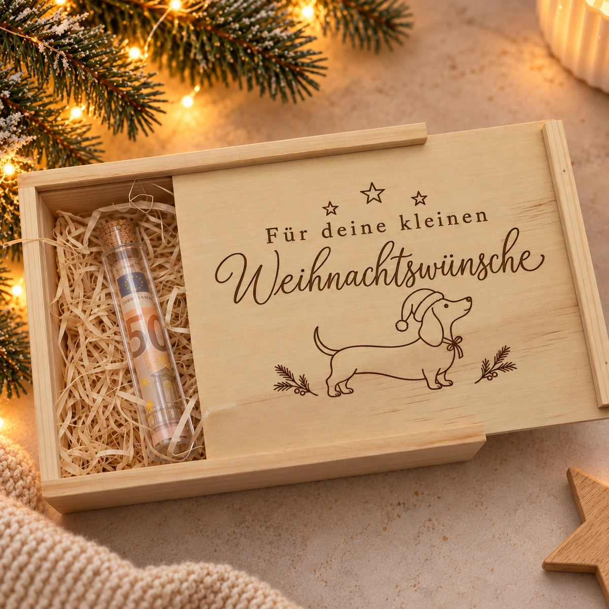 Dackel Geschenk zu Weihnachten: Holzkiste mit Gravur „Für deine kleinen Weihnachtswünsche“ und Geldschein im Reagenzglas