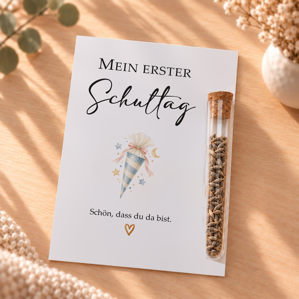 Gastgeschenk zur Einschulung mit Blumensamen: Karte mit Schultüte und Röhrchen