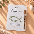 Gastgeschenk zur Kommunion mit Blumensamen: Karte mit Eukalyptus-Fisch und Röhrchen