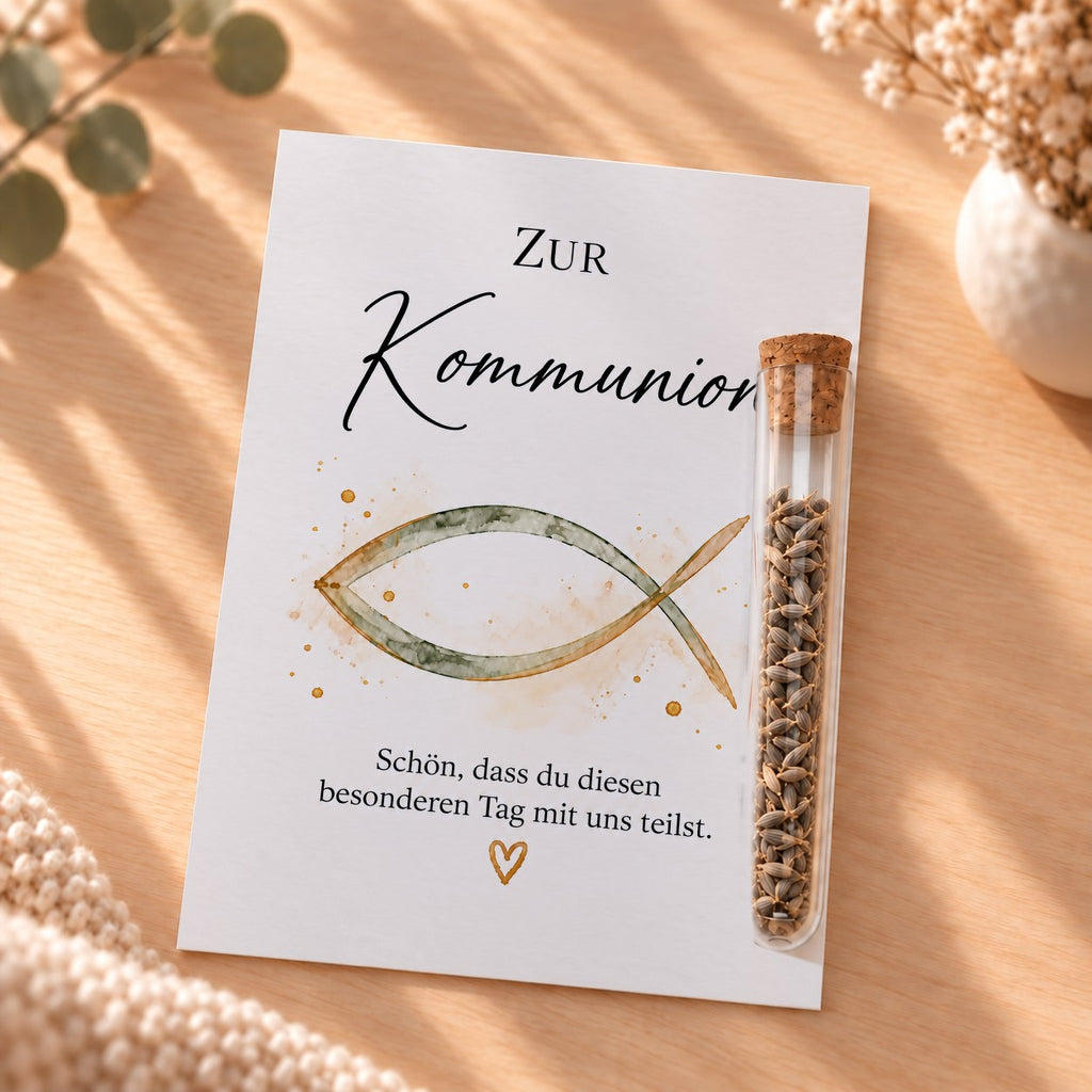 Gastgeschenk zur Kommunion mit Blumensamen: Karte mit Fisch in Aquarell und Röhrchen