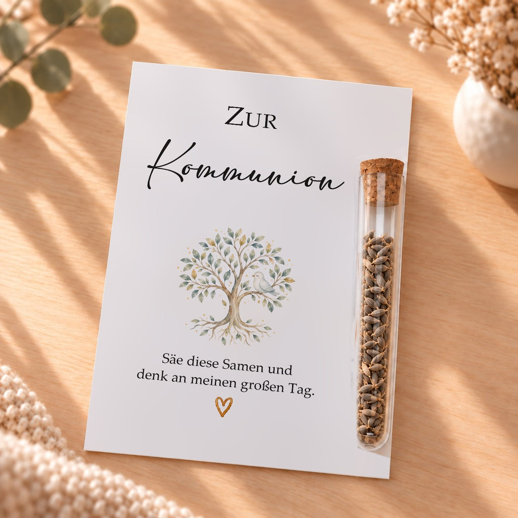 Gastgeschenk zur Kommunion mit Blumensamen: Karte mit Lebensbaum und Röhrchen