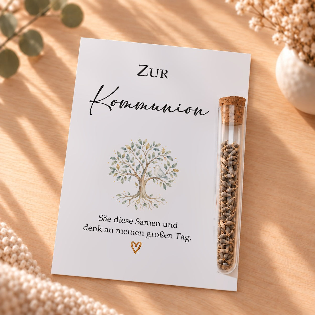 Gastgeschenk zur Kommunion mit Blumensamen: Karte mit Lebensbaum und Röhrchen