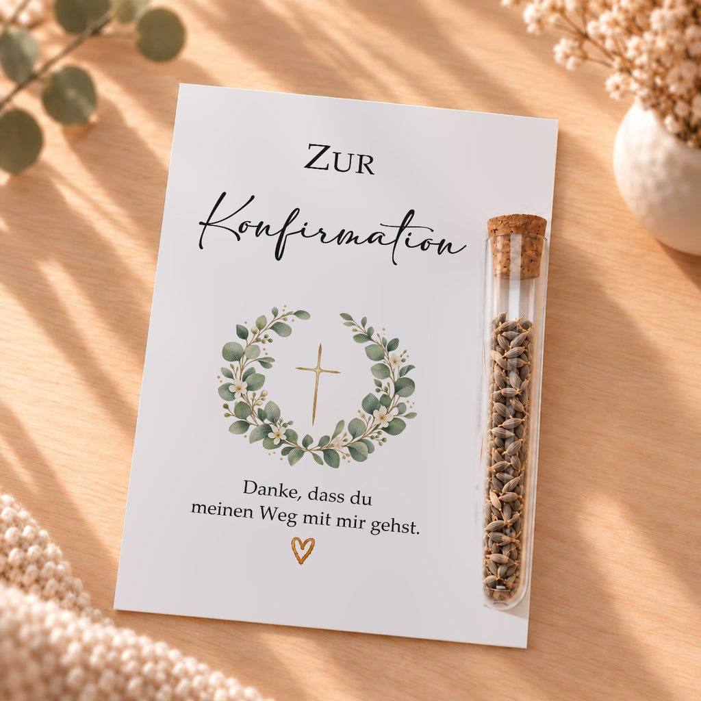 Gastgeschenk zur Konfirmation mit Blumensamen: Karte mit Eukalyptus-Kranz und Röhrchen
