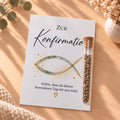 Gastgeschenk zur Konfirmation mit Blumensamen: Karte mit Fisch in Aquarell und Röhrchen