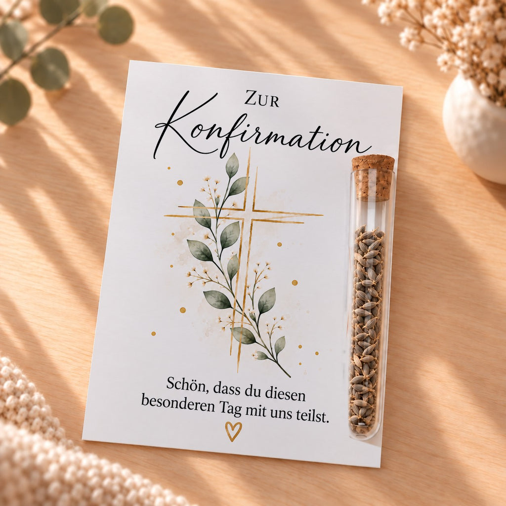 Gastgeschenk zur Konfirmation mit Blumensamen: Karte mit goldenem Kreuz mit Eukalyptus und Röhrchen