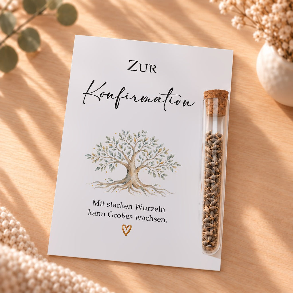 Gastgeschenk zur Konfirmation mit Blumensamen: Karte mit Lebensbaum und Röhrchen