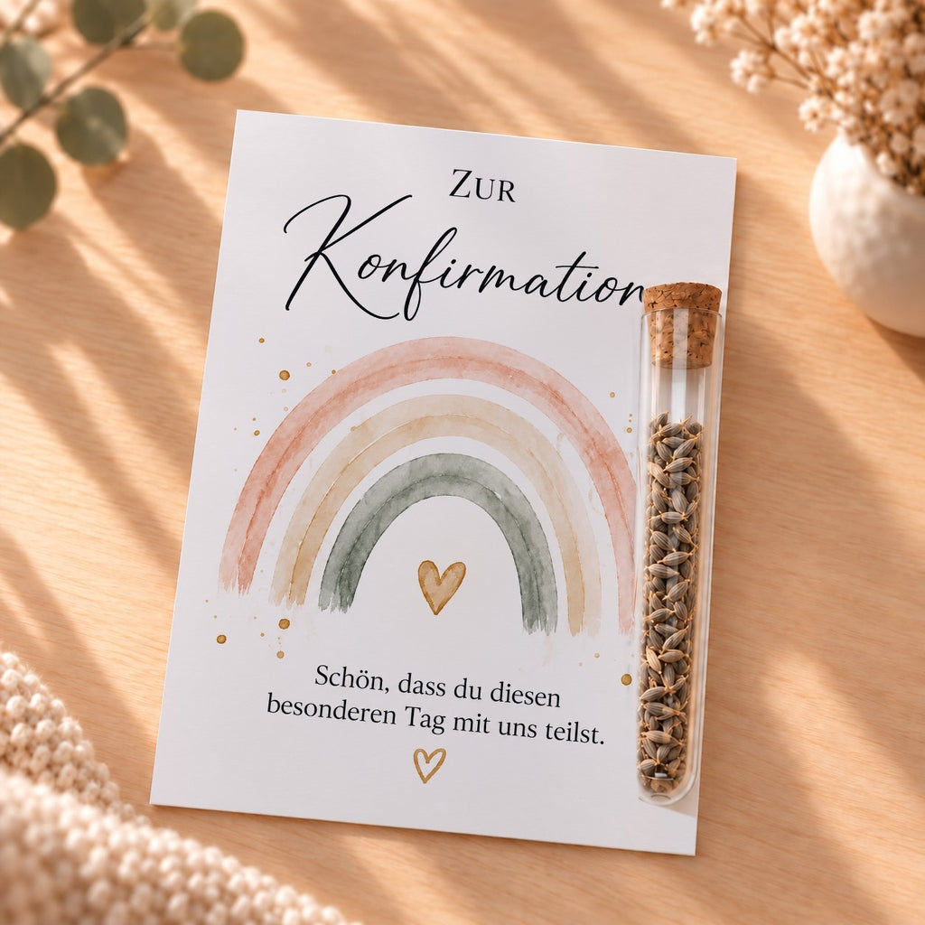 Gastgeschenk zur Konfirmation mit Blumensamen: Karte mit Regenbogen in Aquarell mit Herz und Röhrchen