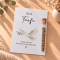 Gastgeschenk zur Taufe mit Blumensamen: Karte mit Taube und Röhrchen