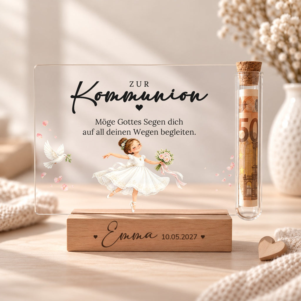 Geldgeschenk zur Kommunion als Acryl-Aufsteller im Ballerina-Design: Mädchen tanzt als Ballerina, Glasröhrchen mit Geldschein