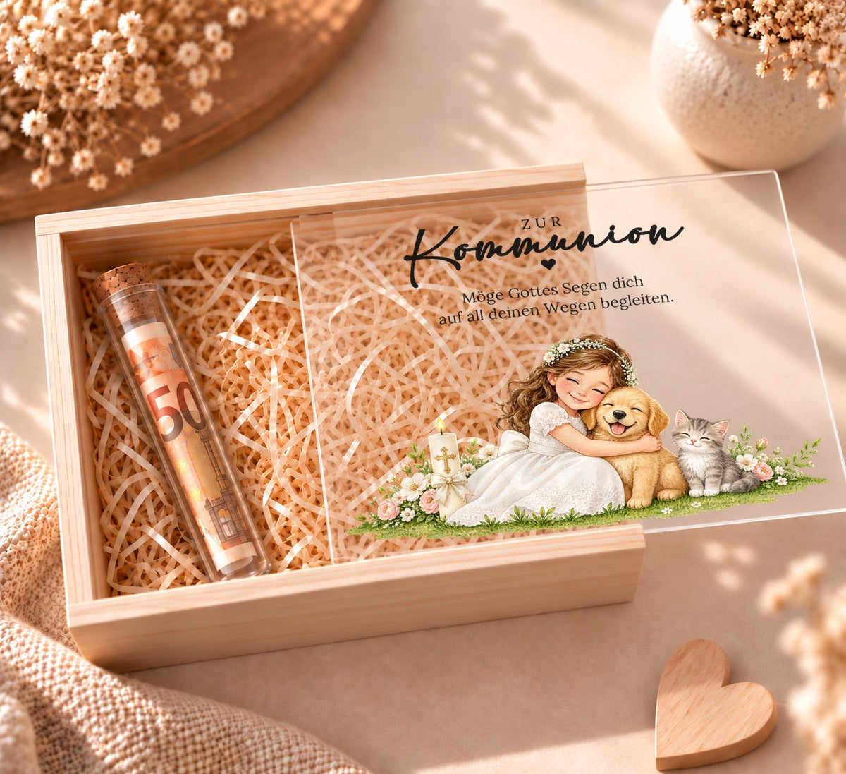 Geldgeschenk zur Kommunion in Holzkiste im Hund-und-Katze-Design, Deckel halb offen, Reagenzglas mit Geldschein in Holzwolle