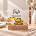Geldgeschenk zur Taufe: Acryl-Aufsteller im Bagger-Design mit Kind im Bagger auf der Baustelle, Röhrchen mit Geldschein auf Holzsockel