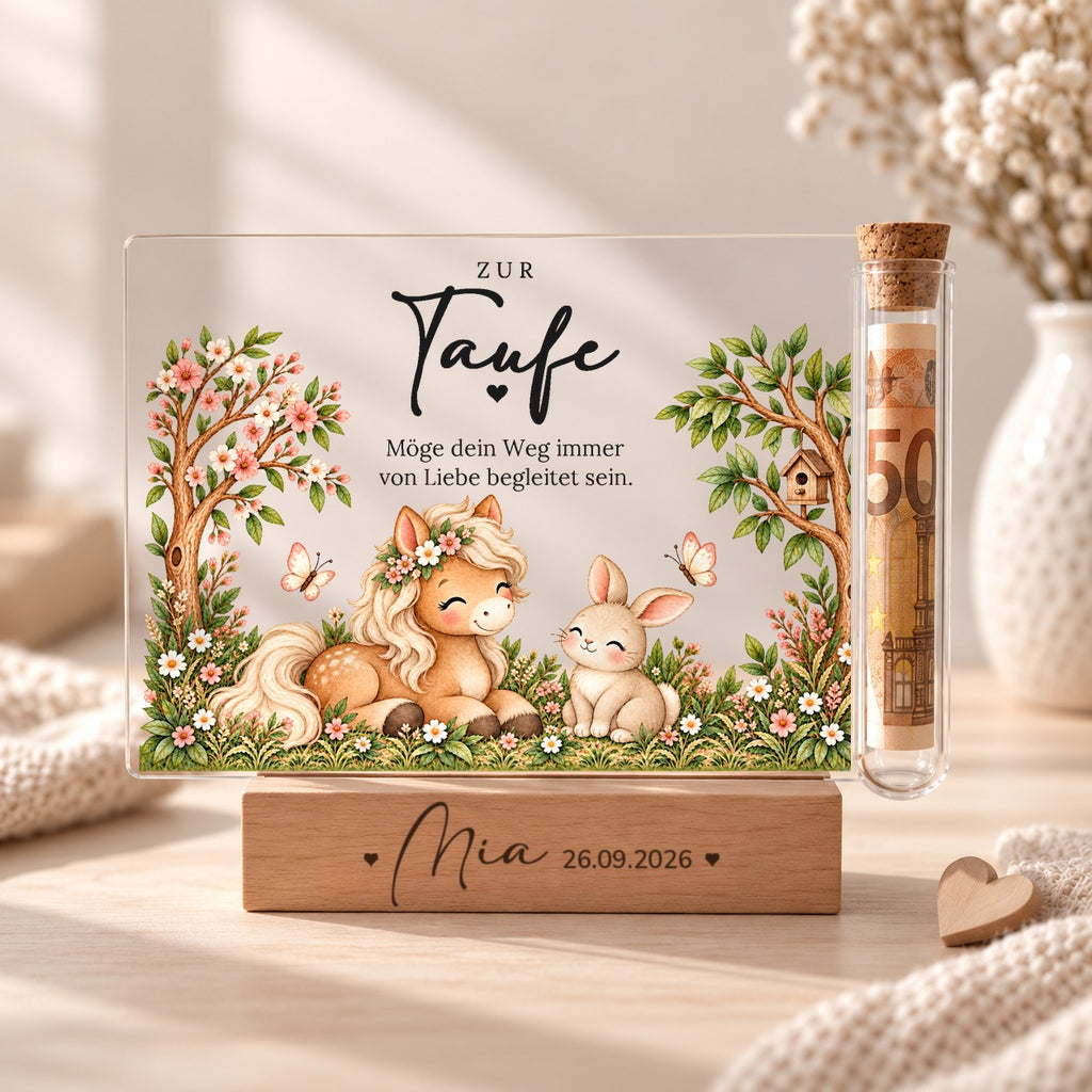Geldgeschenk zur Taufe: Acryl-Aufsteller im Pony-Design mit Pony im Blumenkranz und Häschen, Röhrchen mit Geldschein auf Holzsockel