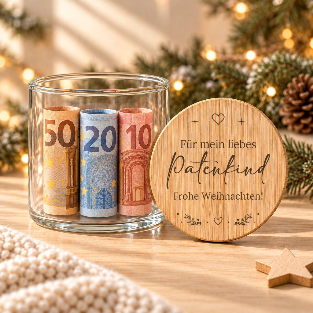 Geldgeschenk Weihnachten im Glas: offenes Glas mit gerollten Geldscheinen, daneben lehnt der gravierte Bambusdeckel „Für mein liebes Patenkind“