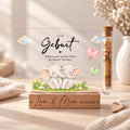 Geldgeschenk zur Geburt als Acryl-Aufsteller im Zwillings-Design: zwei Elefanten im Gras, Röhrchen mit Geldschein