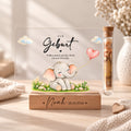 Geldgeschenk zur Geburt als Acryl-Aufsteller im Elefanten-Design: Elefant mit Herzluftballon, Röhrchen mit Geldschein