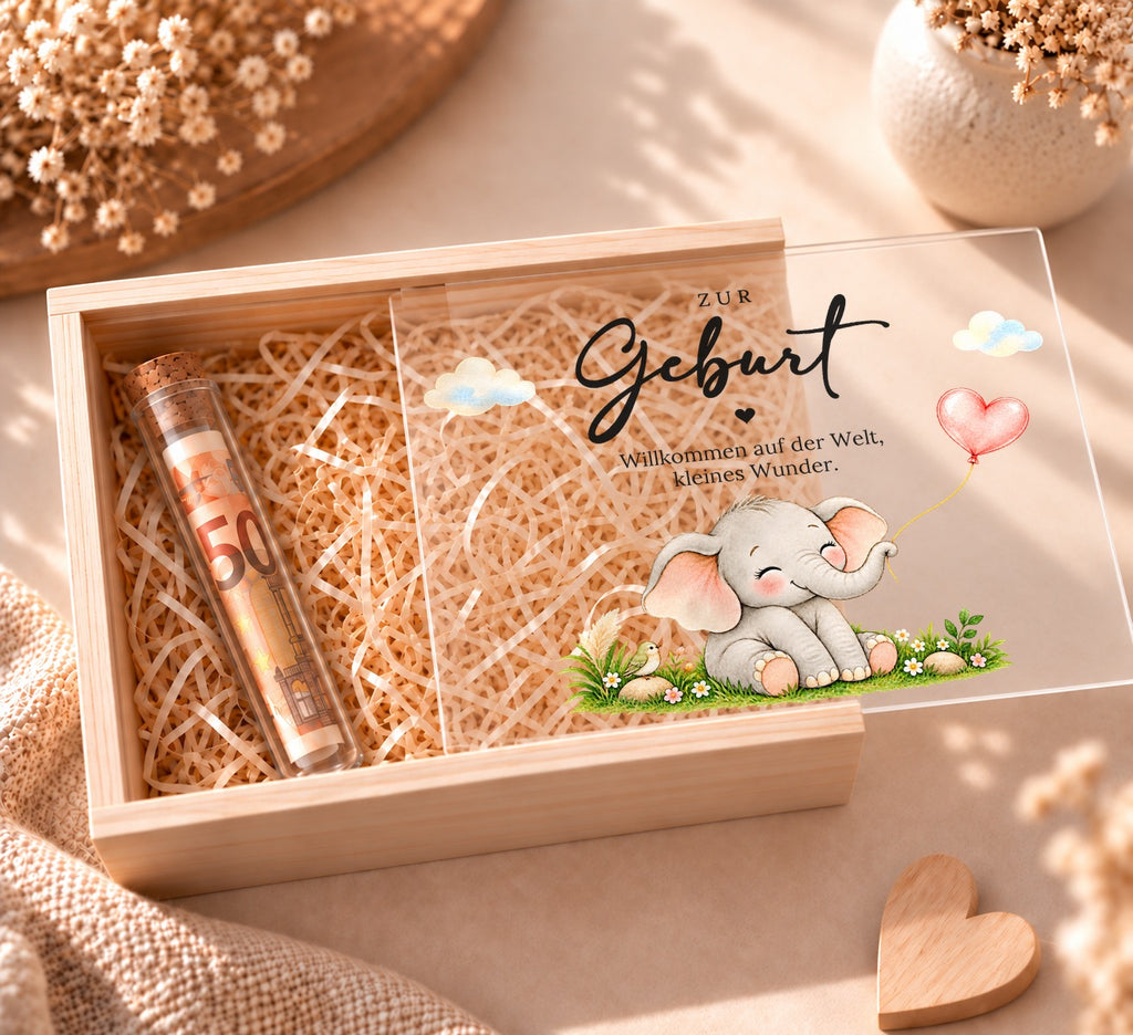 Geldgeschenk zur Geburt in Holzkiste im Elefanten-Design, Deckel halb offen, Reagenzglas mit Geldschein in Holzwolle
