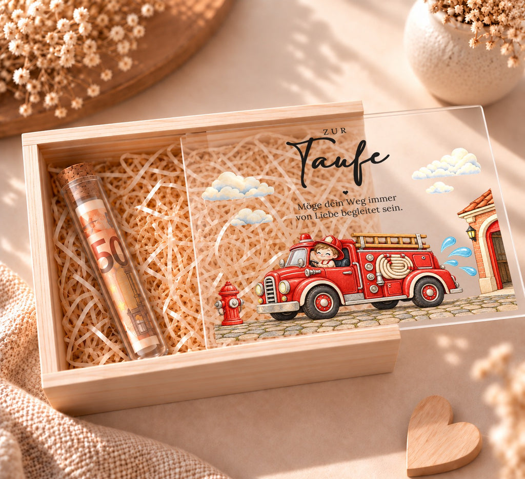 Geldgeschenk zur Taufe in Holzkiste mit Feuerwehr-Design: Deckel halb offen, Reagenzglas mit Geldschein in Holzwolle