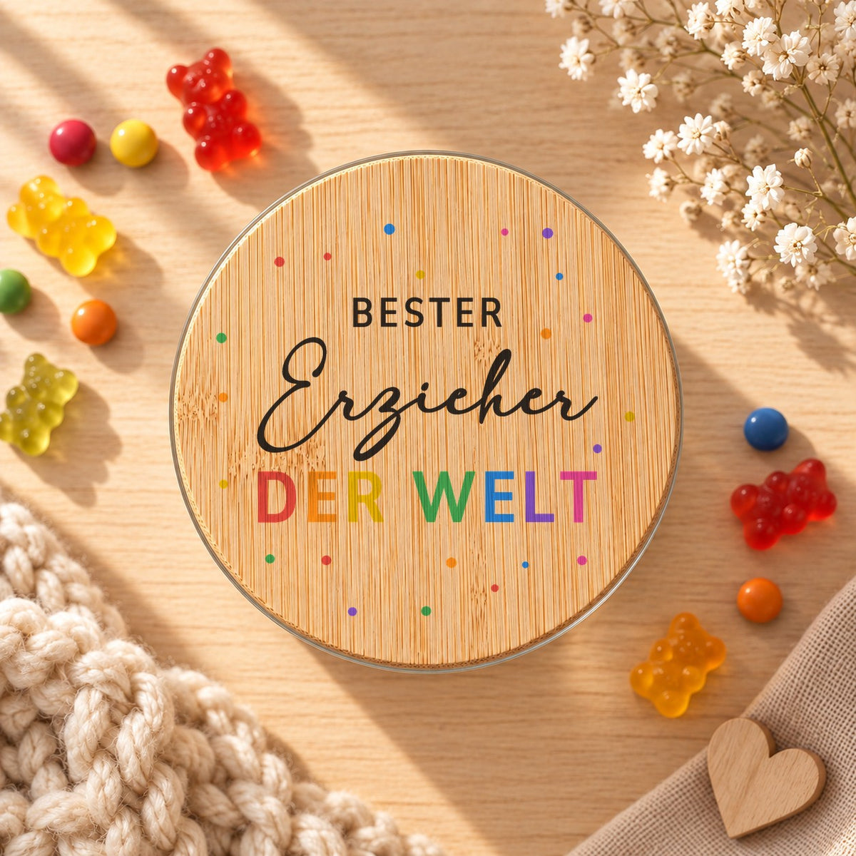 Vorratsglas „Bester Erzieher der Welt“ als Geschenk für den Erzieher: Bambusdeckel von oben, daneben Gummibärchen