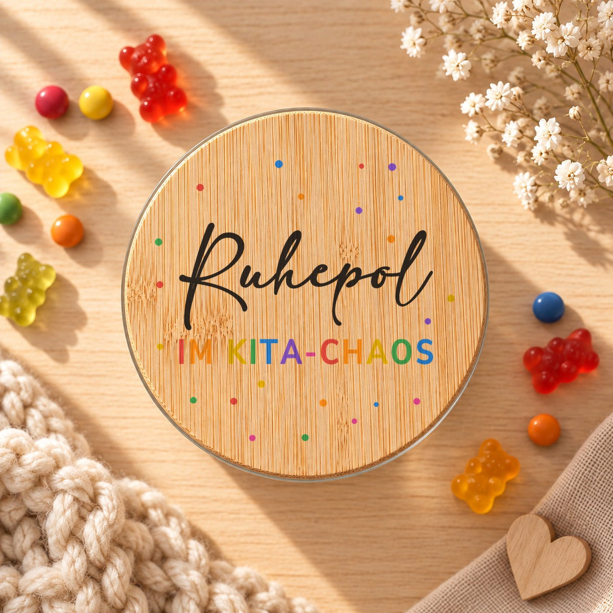 Vorratsglas „Ruhepol im Kita-Chaos“ als Geschenk für den Erzieher: Bambusdeckel von oben, daneben Gummibärchen