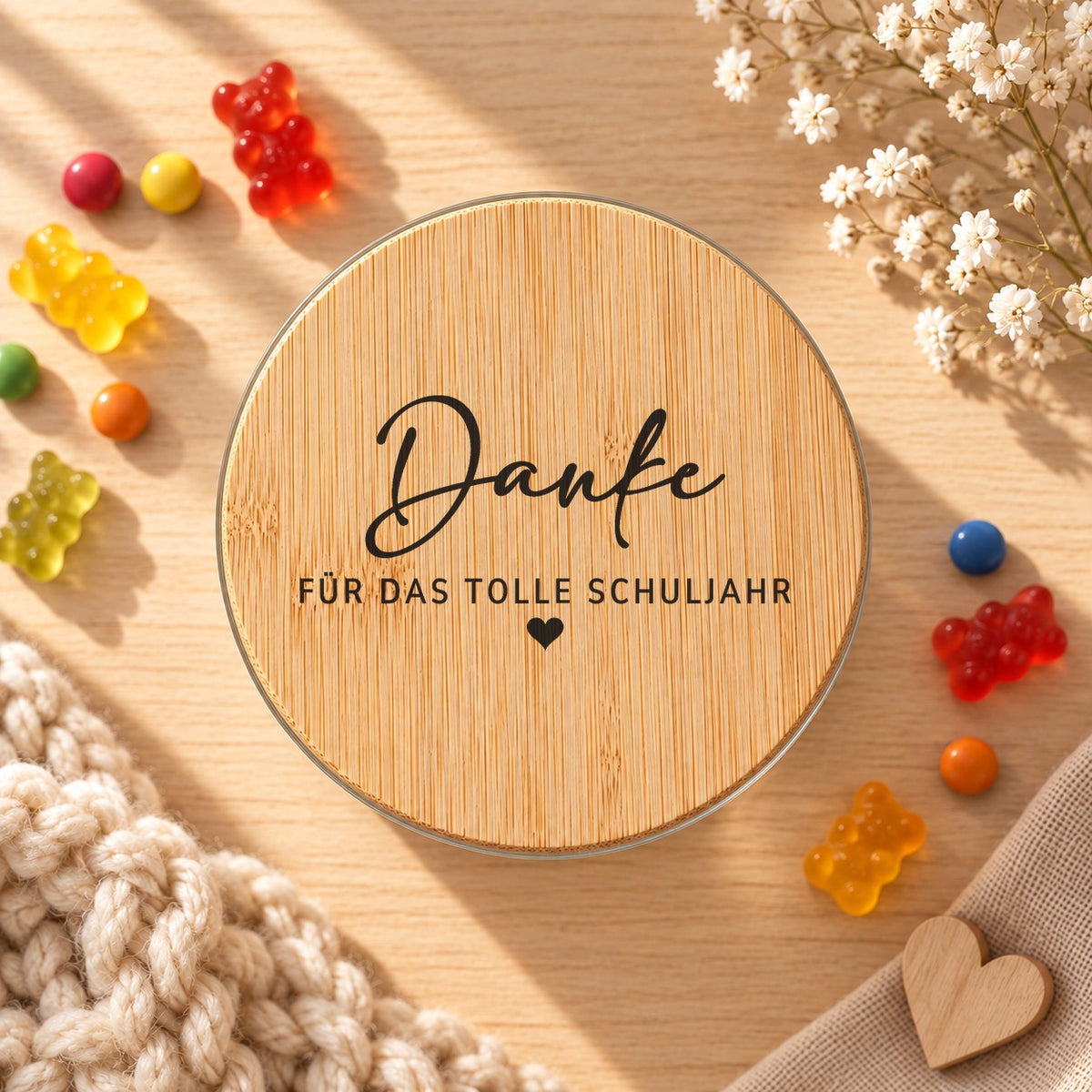 Vorratsglas „Danke für das tolle Schuljahr“ als Geschenk für die Lehrerin: Bambusdeckel von oben, daneben Gummibärchen