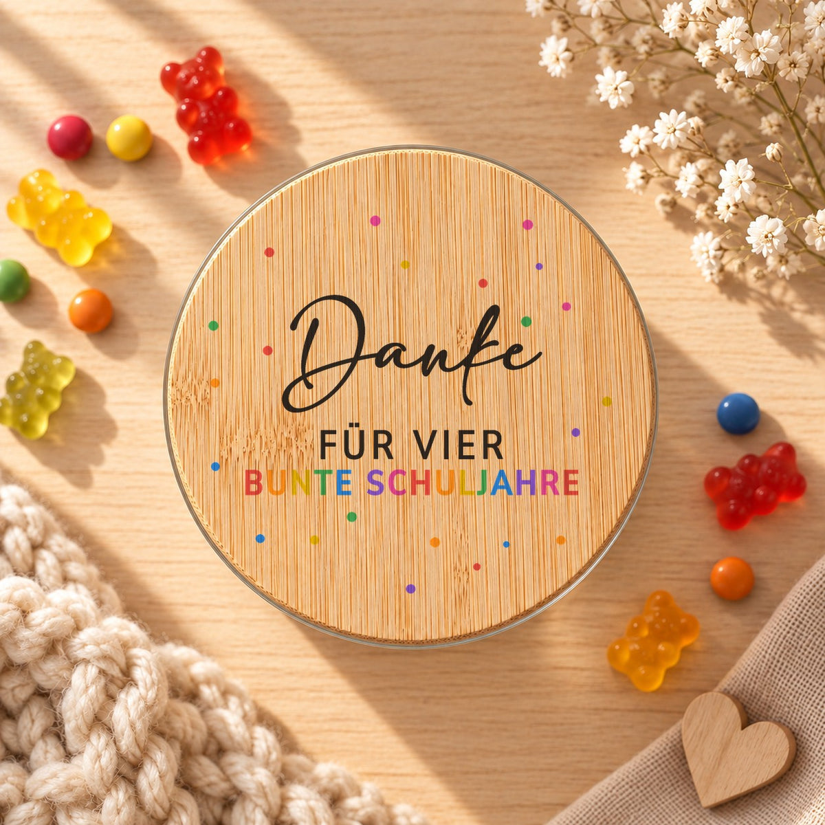 Abschiedsgeschenk für die Lehrerin in der Grundschule: Vorratsglas „Danke für vier bunte Schuljahre“: Bambusdeckel von oben, daneben Gummibärchen