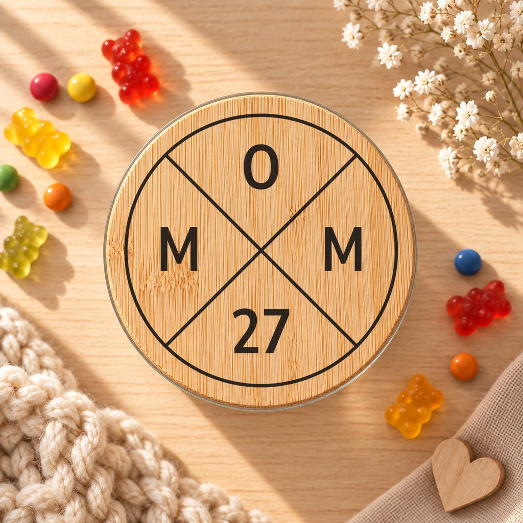 Vorratsglas „MOM 27“ als Geschenk für werdende Mamas, Bambusdeckel von oben