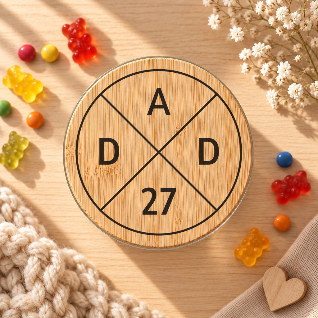 Vorratsglas „DAD 27“ als Geschenk für werdende Papas, Bambusdeckel von oben