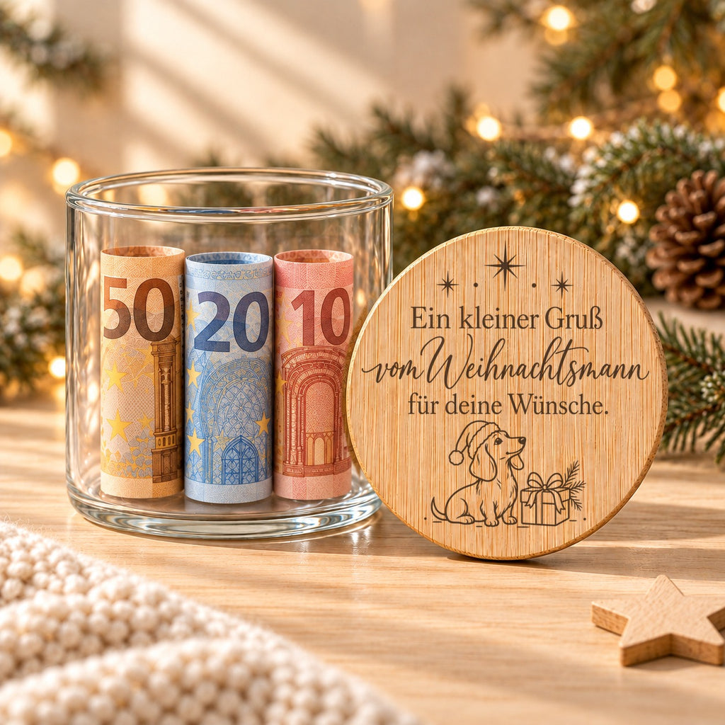 Geldgeschenk Weihnachten im Glas: offenes Glas mit gerollten Geldscheinen, daneben lehnt der gravierte Bambusdeckel „Gruß vom Weihnachtsmann“