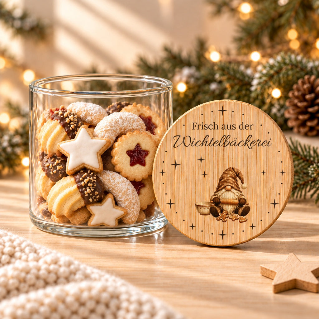 Offene Keksdose aus Glas mit Weihnachtsplätzchen, daneben lehnt der bedruckte Bambusdeckel „Frisch aus der Wichtelbäckerei“ mit Wichtel