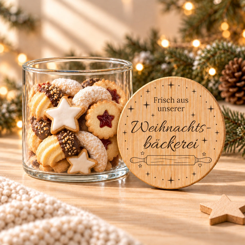 Offene Keksdose aus Glas mit Weihnachtsplätzchen, daneben lehnt der bedruckte Bambusdeckel „Frisch aus unserer Weihnachtsbäckerei“ mit Nudelholz