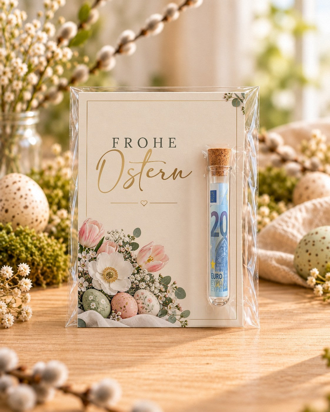 Osterkarte für Geldgeschenke mit Röhrchen, Motiv Blumen und Ostereier, mit gerolltem 20-Euro-Schein in der Klarsichthülle