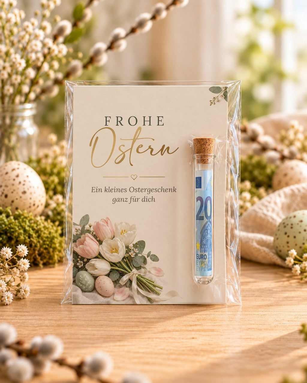 Osterkarte für Geldgeschenke mit Röhrchen, Motiv Tulpen, mit gerolltem 20-Euro-Schein in der Klarsichthülle