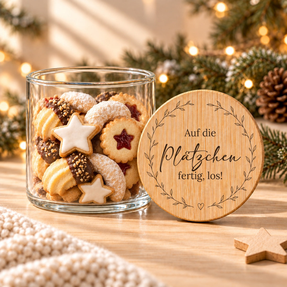 Offene Keksdose aus Glas mit Weihnachtsplätzchen, daneben lehnt der bedruckte Bambusdeckel „Auf die Plätzchen, fertig, los!“ mit Blätterkranz