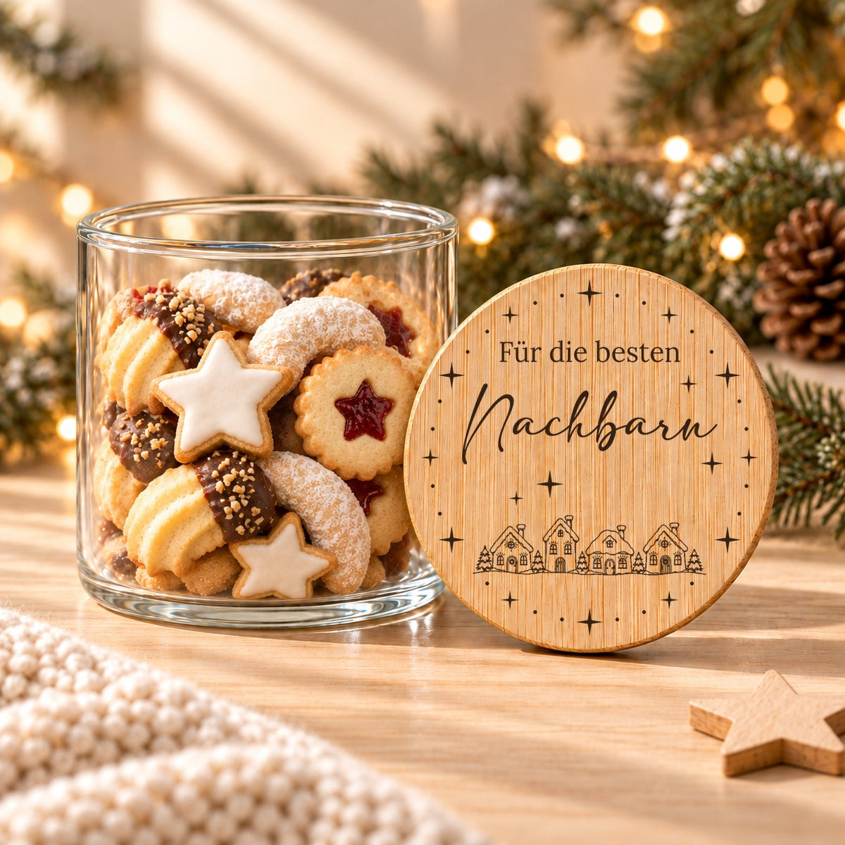 Offene Keksdose aus Glas mit Weihnachtsplätzchen, daneben lehnt der bedruckte Bambusdeckel „Für die besten Nachbarn“ mit kleinen Häusern
