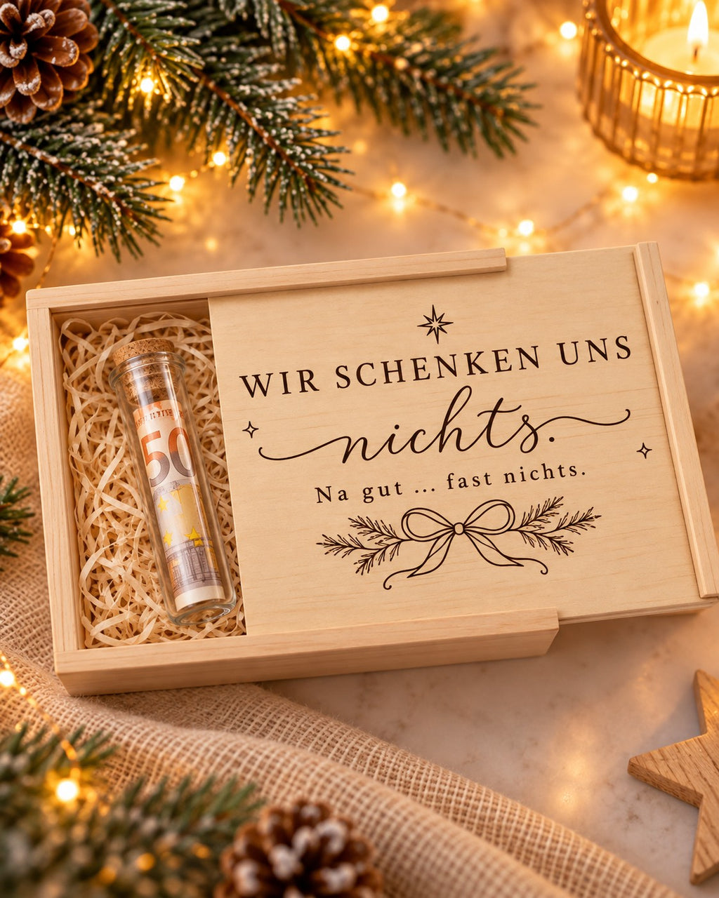 „Wir schenken uns nichts“-Geschenk: Holzkiste mit Gravur und Geldschein im Reagenzglas als Geldgeschenk zu Weihnachten