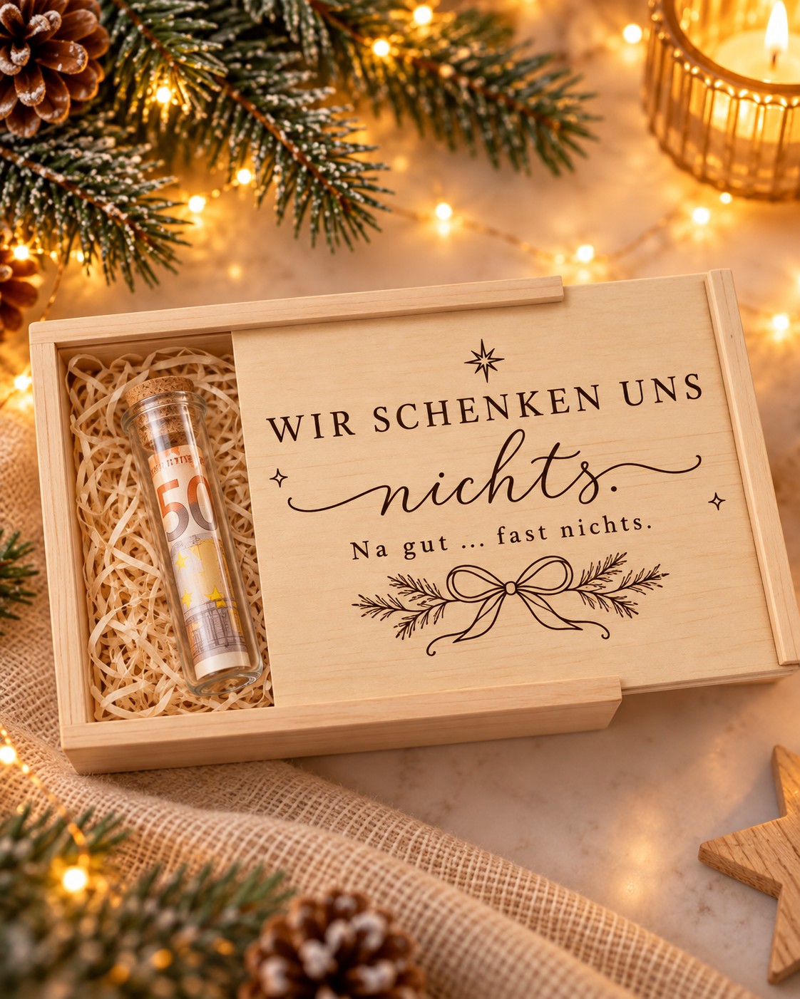 „Wir schenken uns nichts“-Geschenk: Holzkiste mit Gravur und Geldschein im Reagenzglas als Geldgeschenk zu Weihnachten
