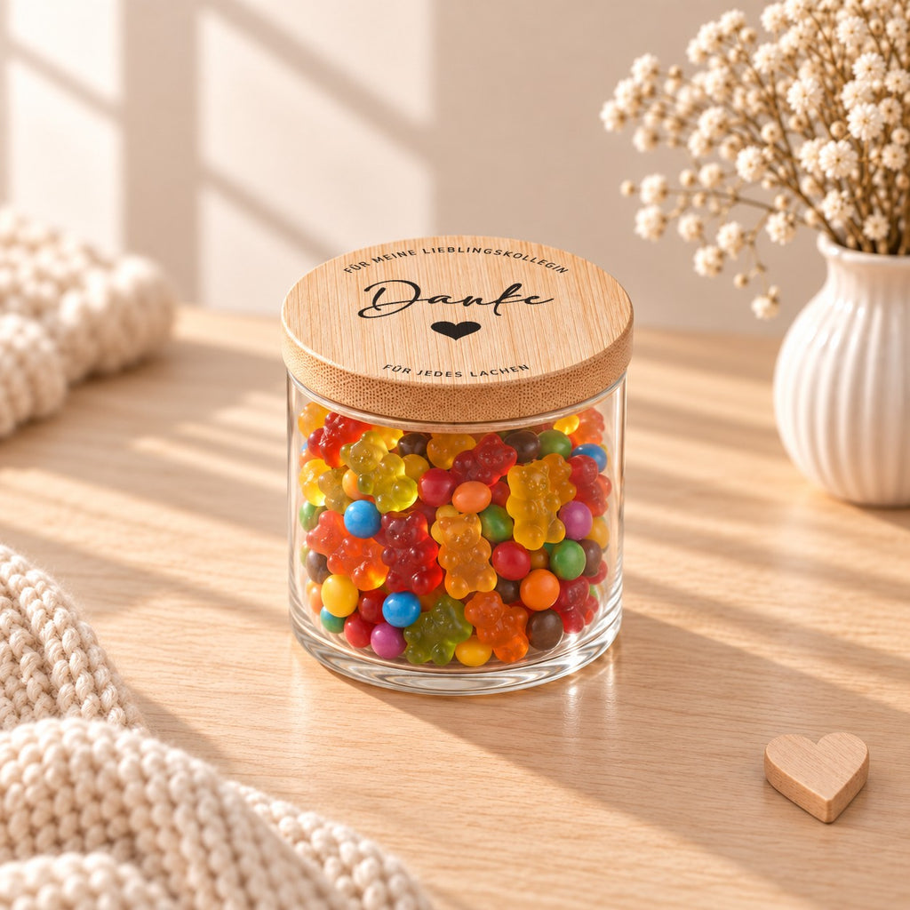Geschenk für die Lieblingskollegin: Vorratsglas „Danke“ mit Herz, gefüllt mit bunten Süßigkeiten