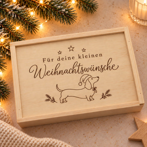 Geschlossene Holzkiste mit Dackel und Gravur „Für deine kleinen Weihnachtswünsche“