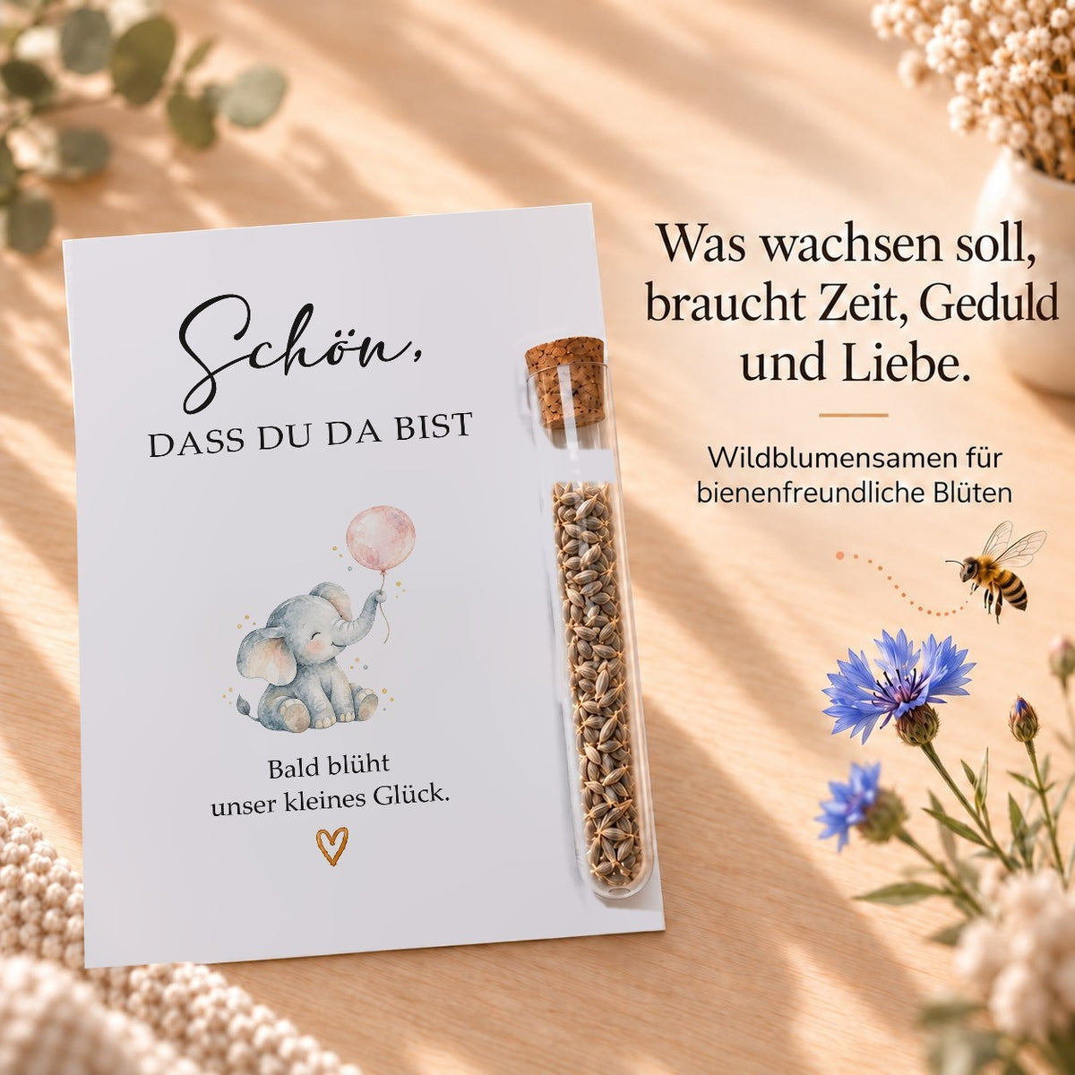 Wildblumensamen als Gastgeschenk für die Babyparty, Karte mit Elefant
