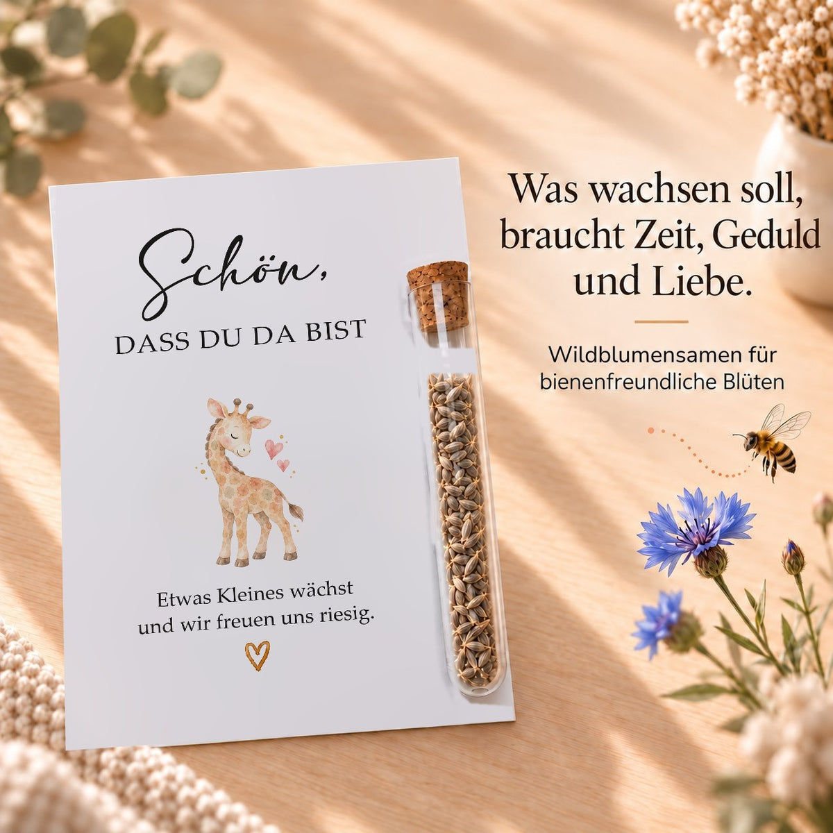 Wildblumensamen als Gastgeschenk für die Babyparty, Karte mit Giraffe
