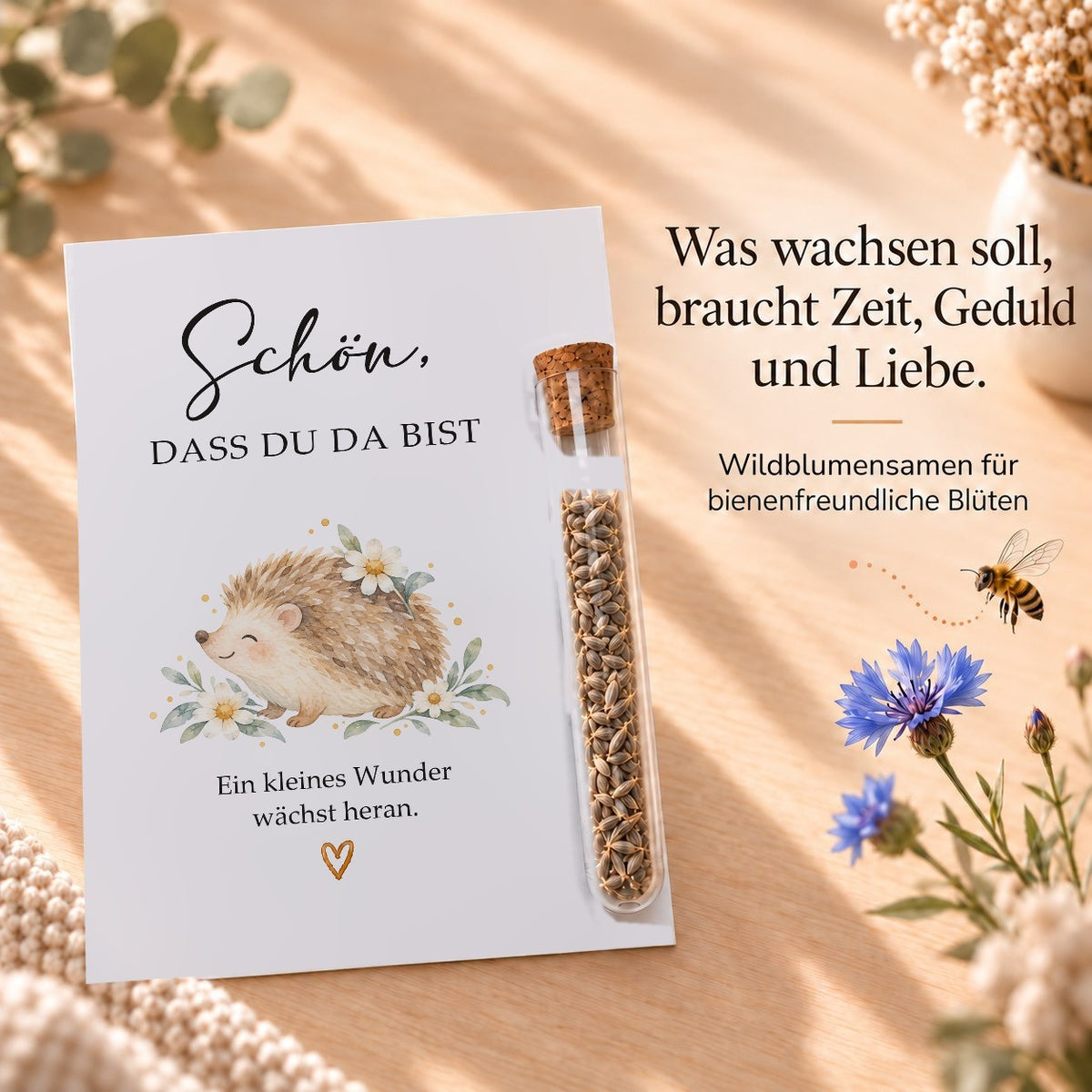 Wildblumensamen als Gastgeschenk für die Babyparty, Karte mit Igel