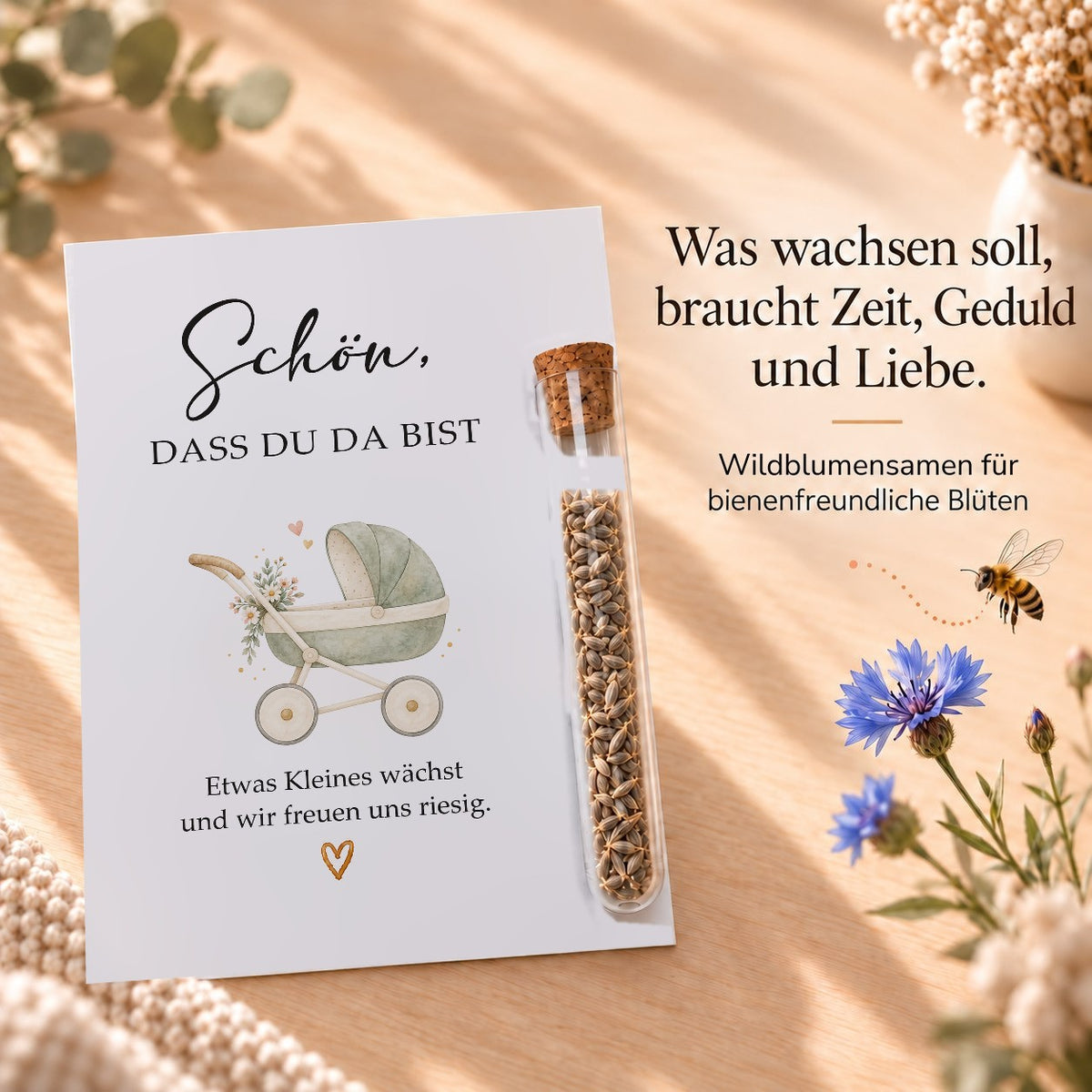 Wildblumensamen als Gastgeschenk für die Babyparty, Karte mit Kinderwagen