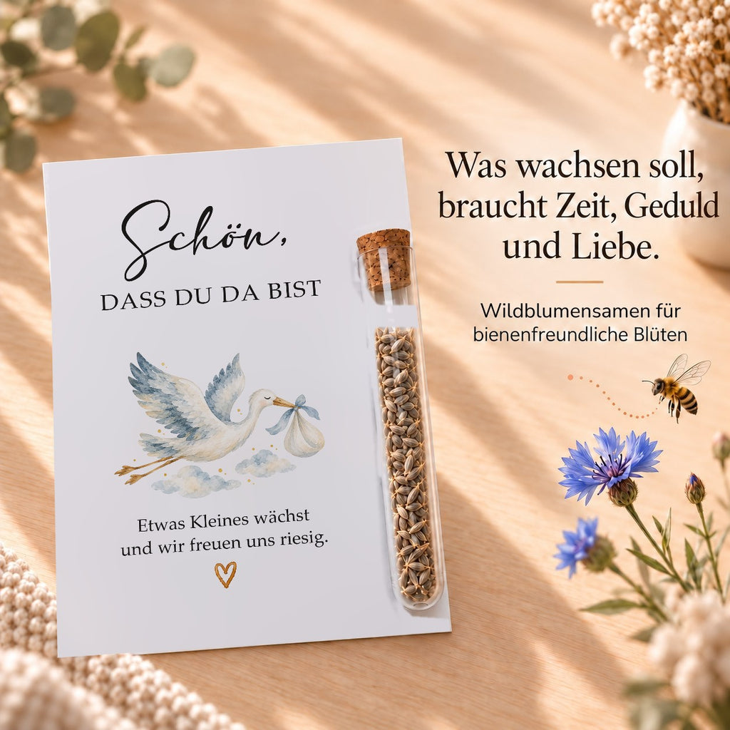 Wildblumensamen als Gastgeschenk für die Babyparty, Karte mit Storch