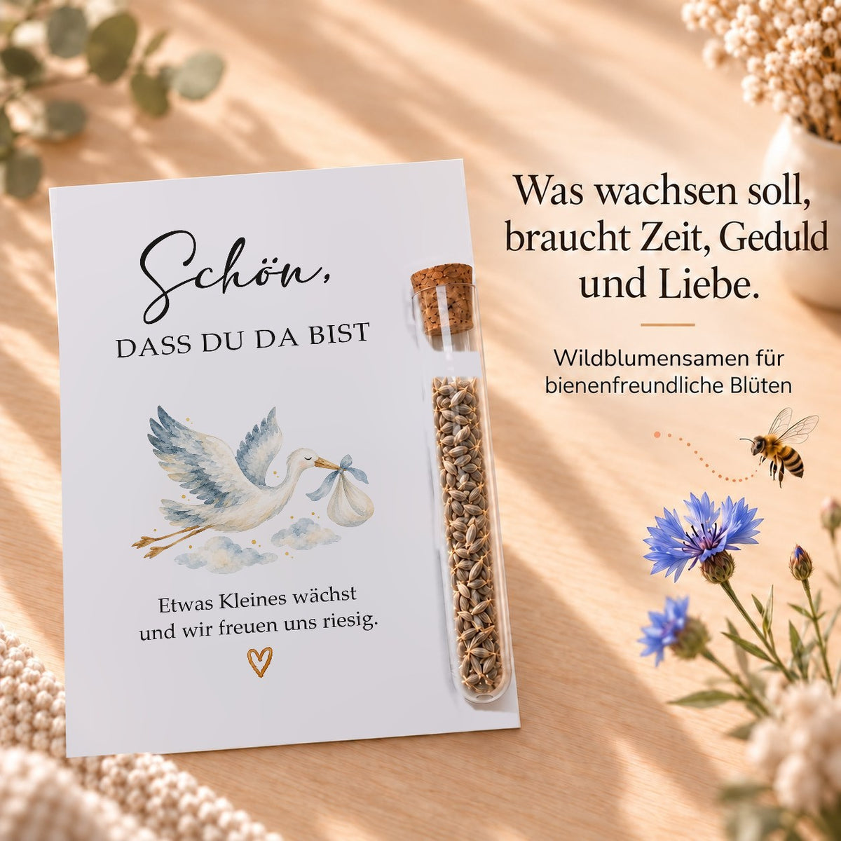 Wildblumensamen als Gastgeschenk für die Babyparty, Karte mit Storch